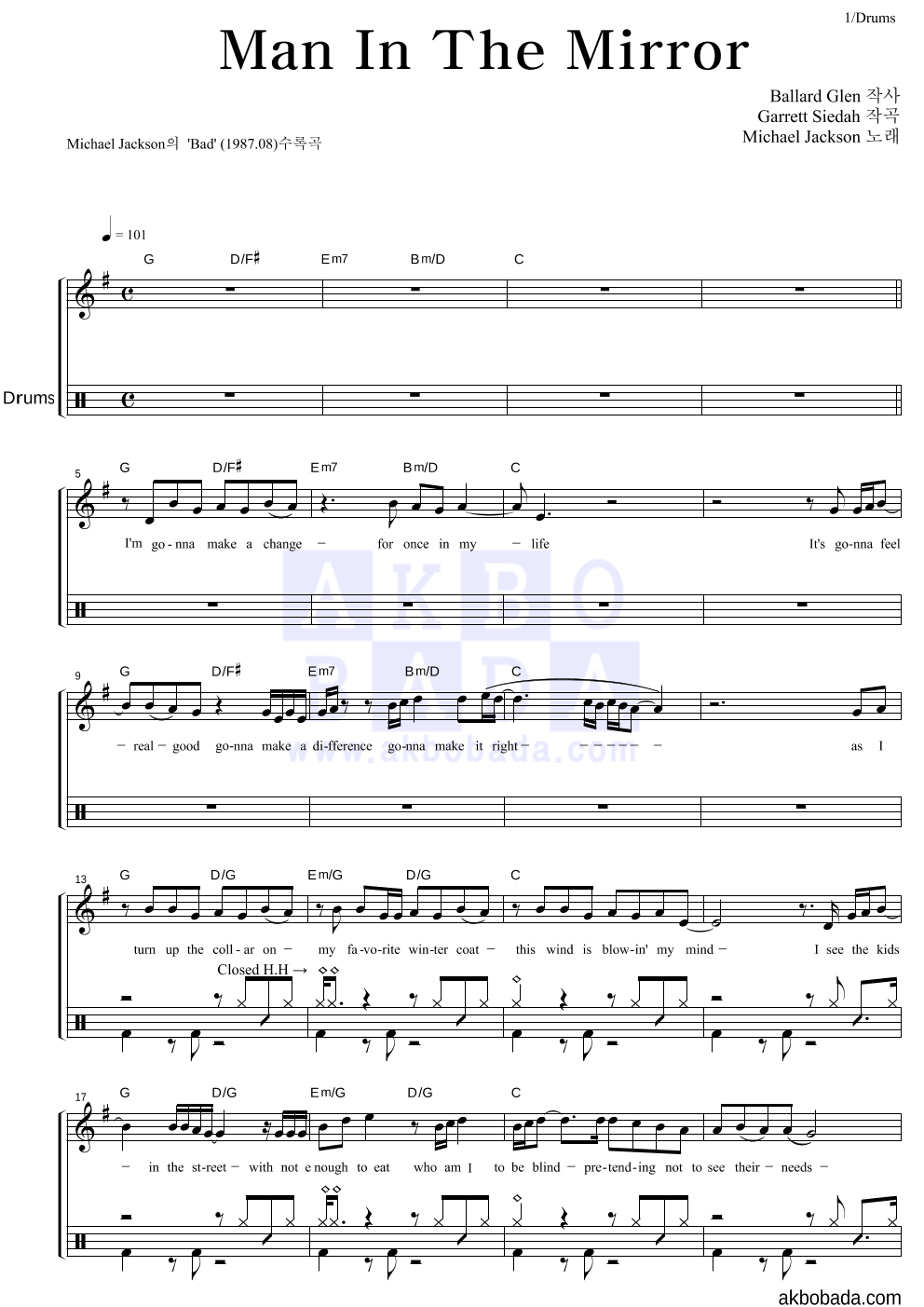 Michael Jackson - Man In The Mirror 드럼 악보 