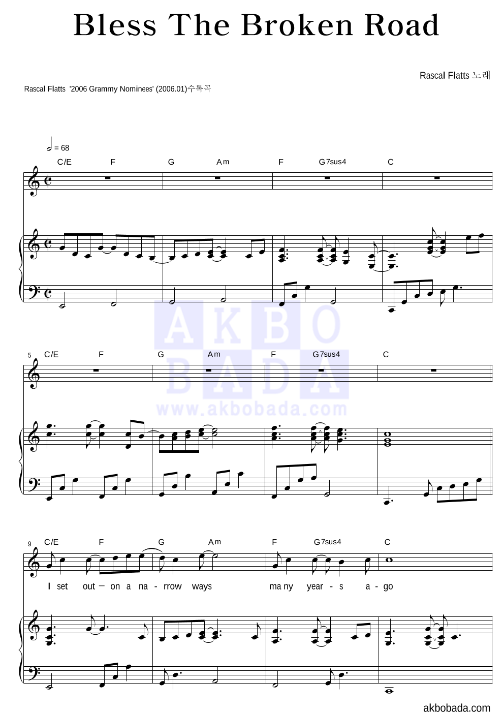 Rascal Flatts - Bless The Broken Road 피아노 3단 악보 