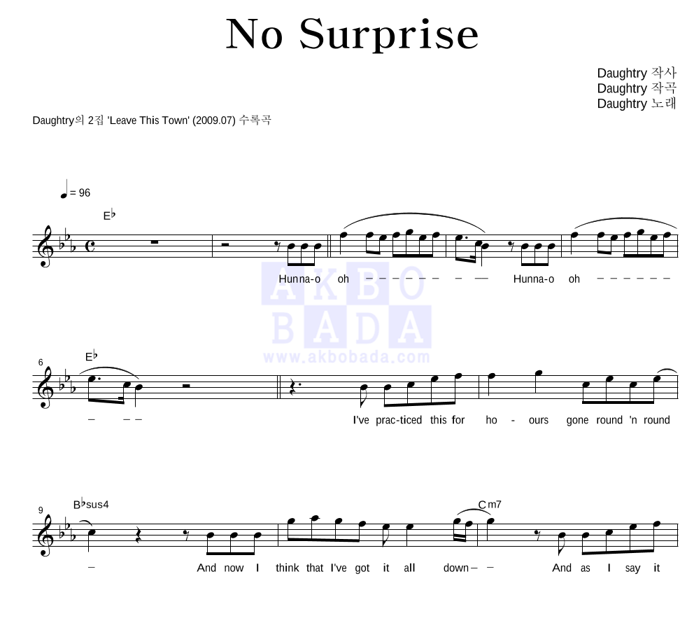 Daughtry - No Surprise 멜로디 악보 