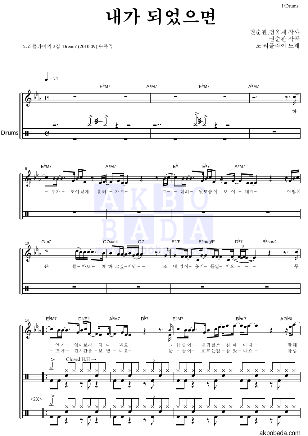 노리플라이 - 내가 되었으면 드럼 악보 