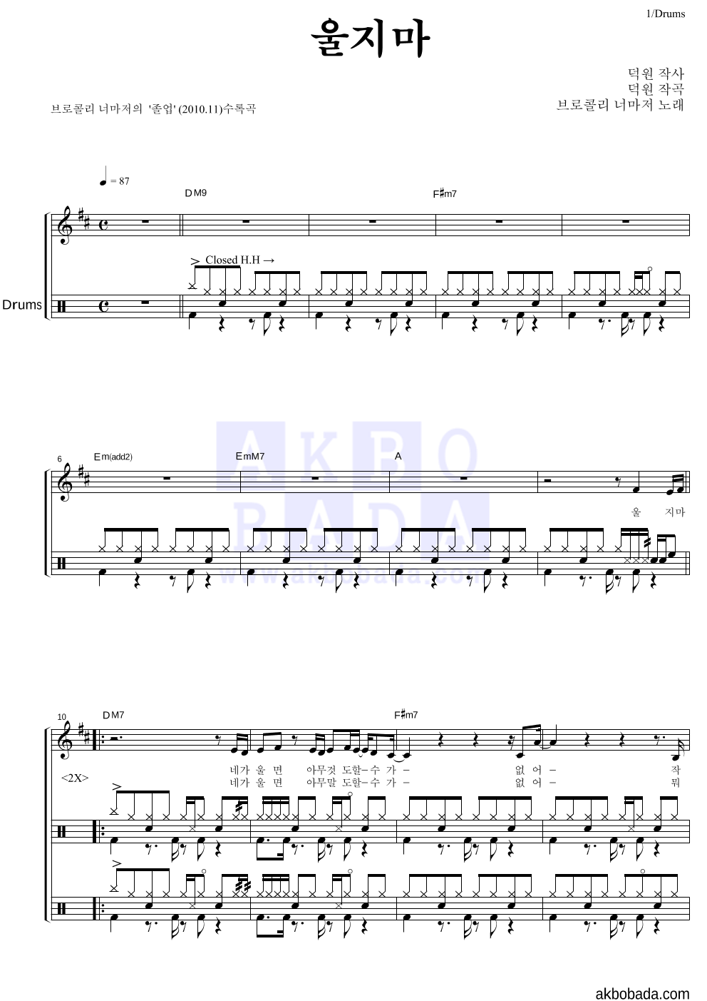 브로콜리 너마저 - 울지마 드럼 악보 