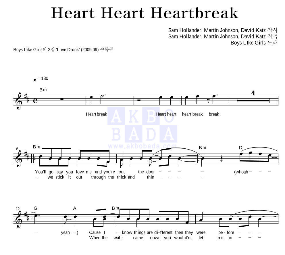 Boys Like Girls - Heart Heart Heartbreak 멜로디 악보 