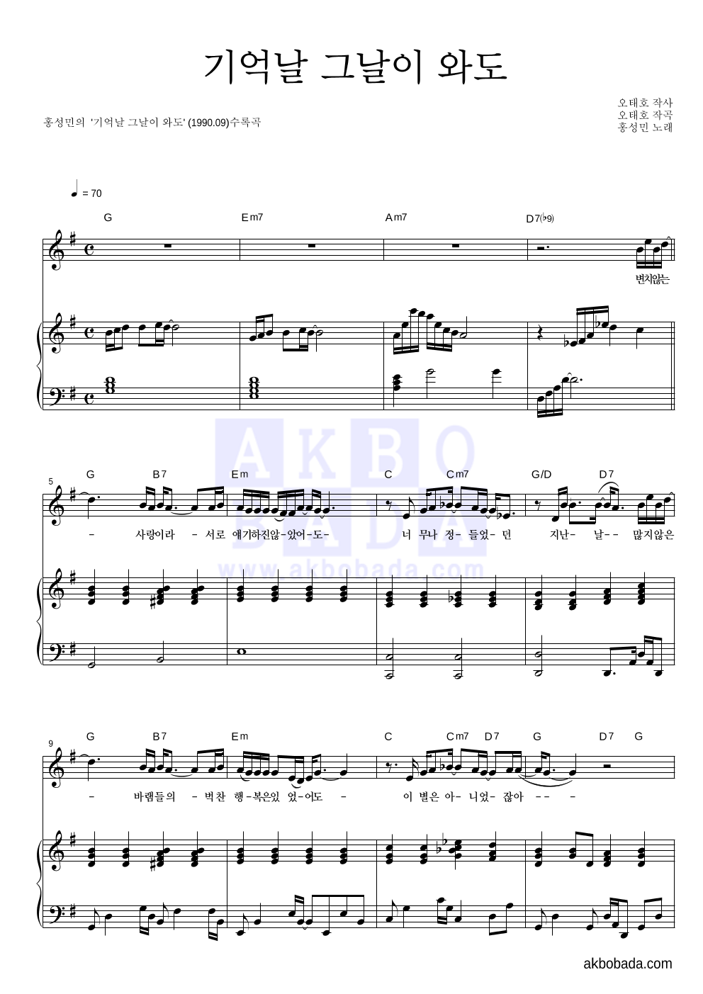 홍성민 - 기억날 그날이 와도 피아노 3단 악보 