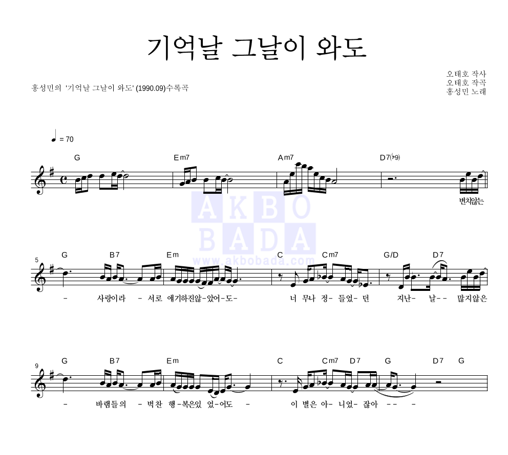 홍성민 - 기억날 그날이 와도 멜로디 악보 