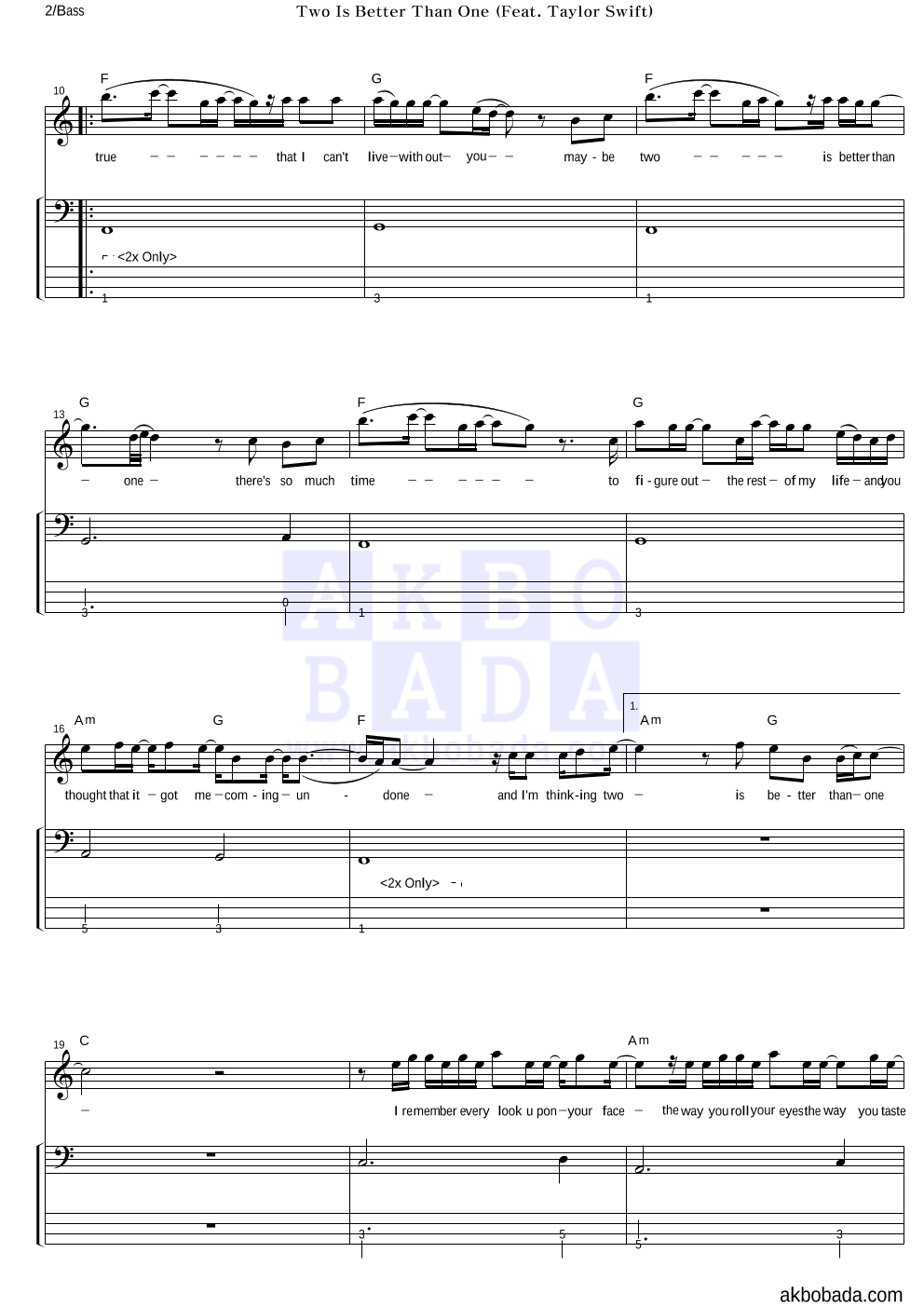 Boys Like Girls - Two Is Better Than One 베이스 악보 