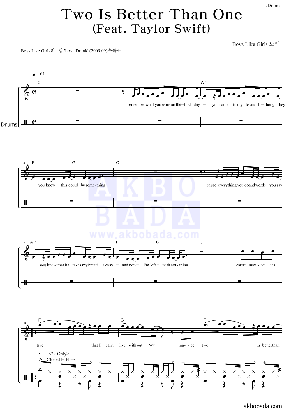 Boys Like Girls - Two Is Better Than One 드럼 악보 