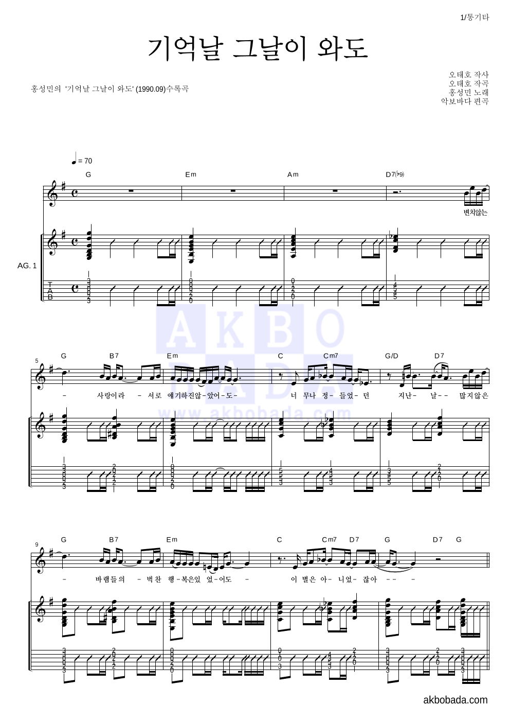 홍성민 - 기억날 그날이 와도 통기타 악보 