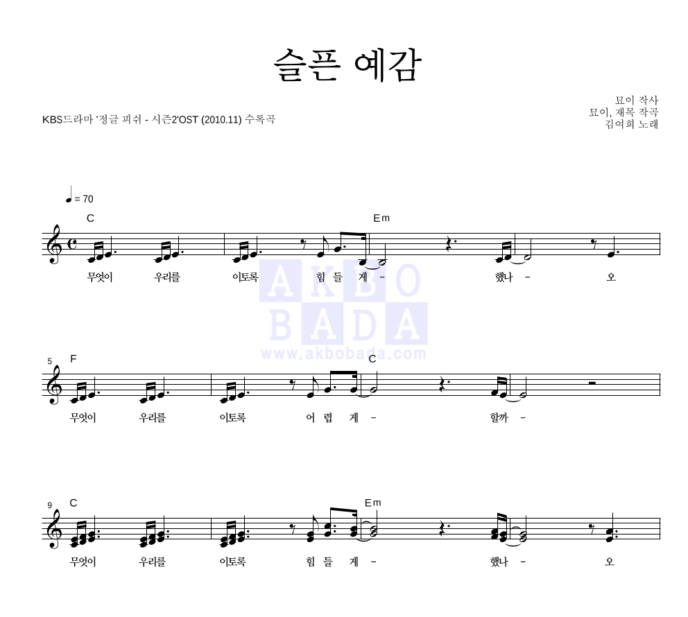 김여희 - 슬픈 예감 멜로디 악보 