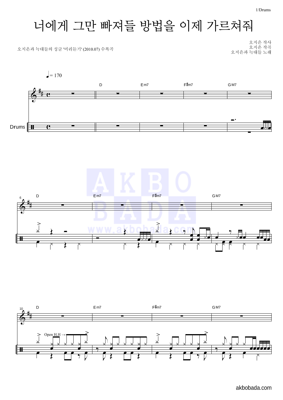 오지은과 늑대들 - 너에게 그만 빠져들 방법을 이제 가르쳐줘 드럼 악보 