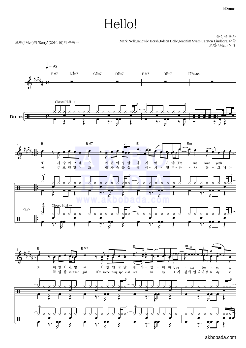 포맨 - Hello! 드럼 악보 