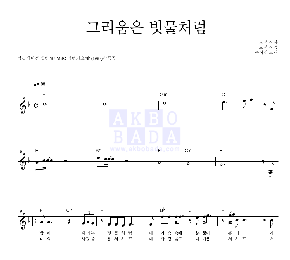문희경 - 그리움은 빗물처럼 멜로디 악보 