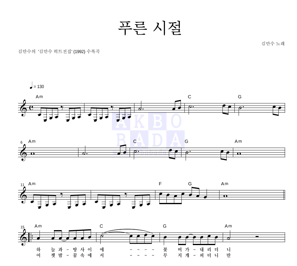 김만수 - 푸른 시절 멜로디 악보 