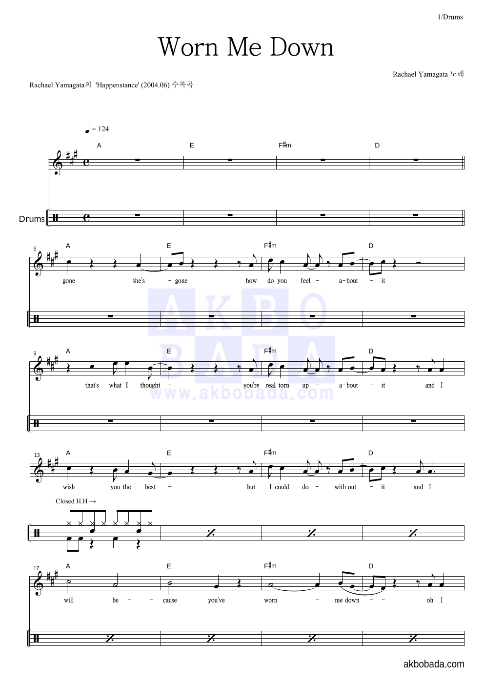 Rachael Yamagata - Worn Me Down 드럼 악보 