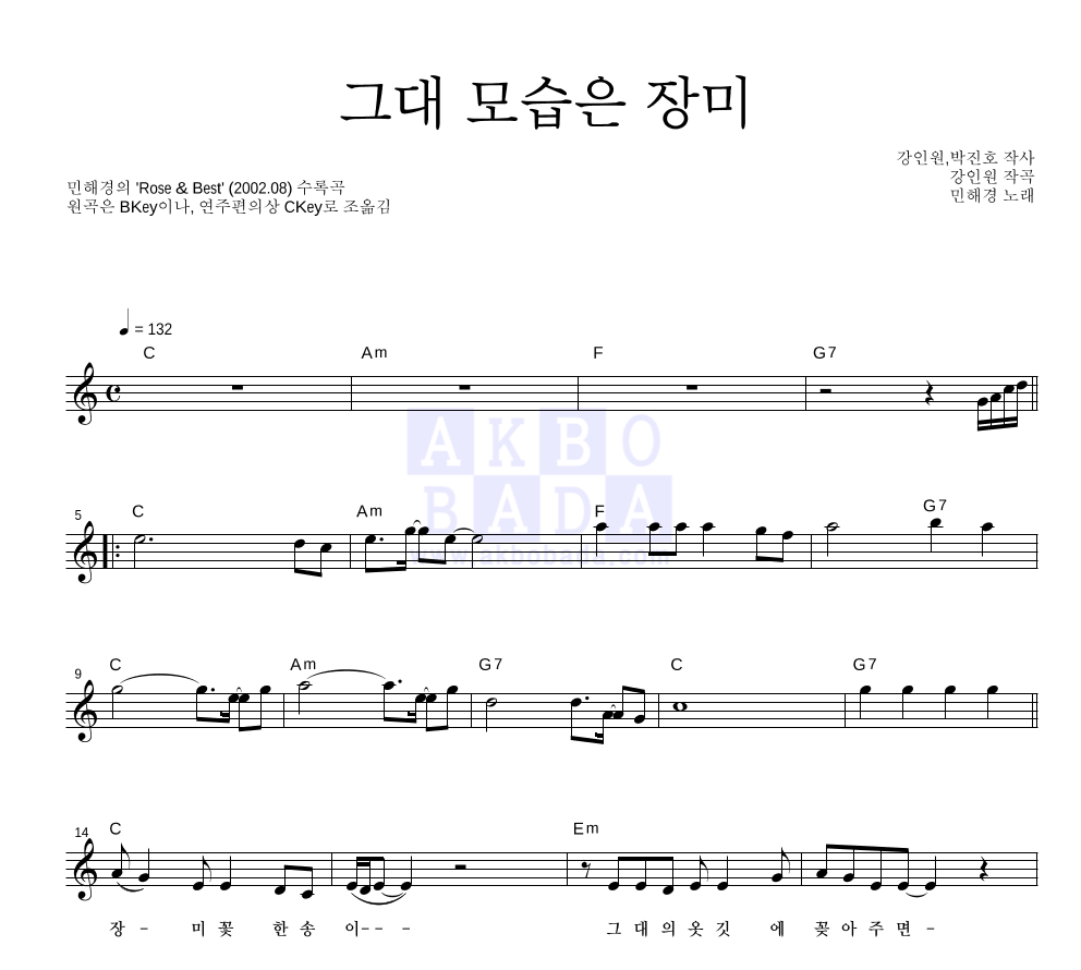 민해경 - 그대 모습은 장미 멜로디 악보 