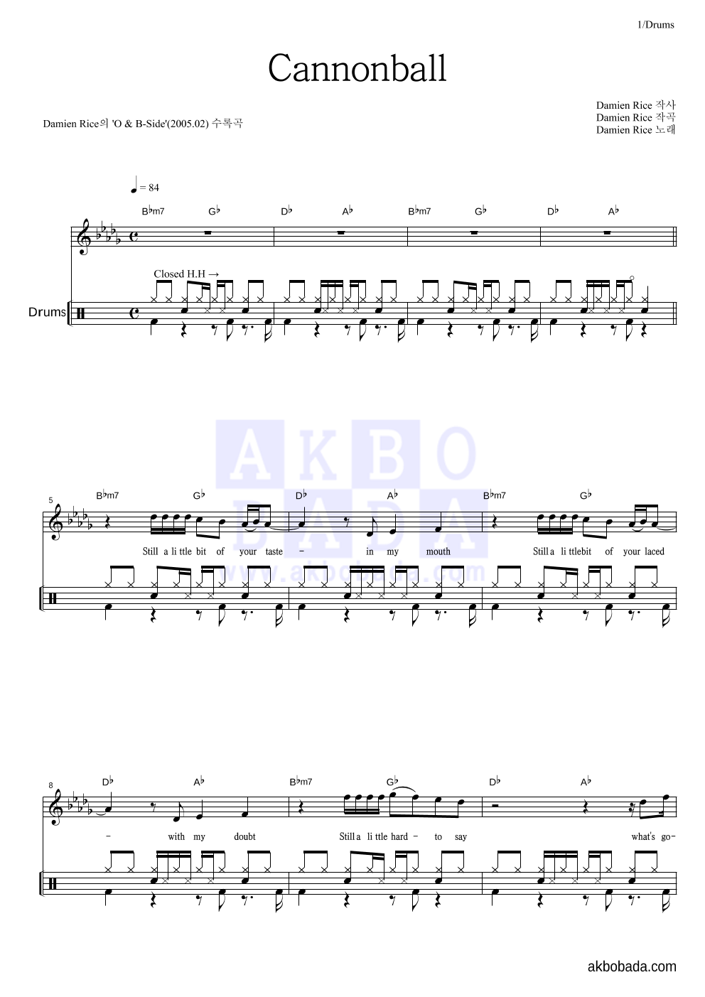 Damien Rice - Cannonball 드럼 악보 