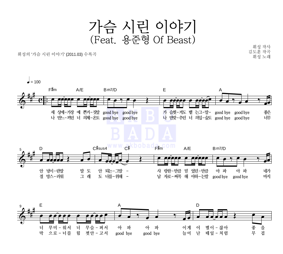 휘성 - 가슴 시린 이야기 (Feat. 용준형 Of Beast) 멜로디 악보 