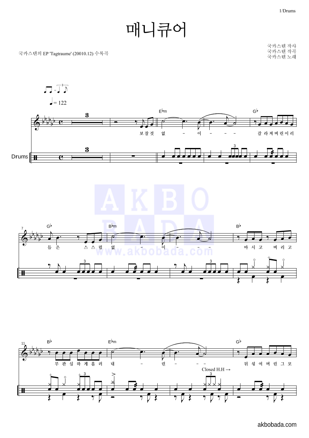 국카스텐 - 매니큐어 드럼 악보 