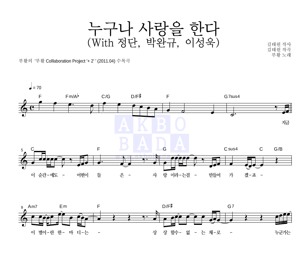 부활 - 누구나 사랑을 한다 (With 정단, 박완규, 이성욱) 멜로디 악보 