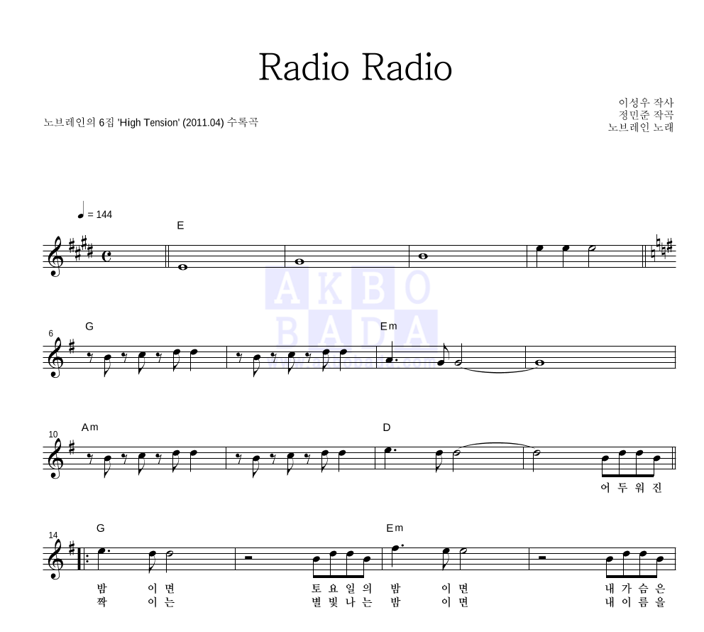 노브레인 - Radio Radio 멜로디 악보 