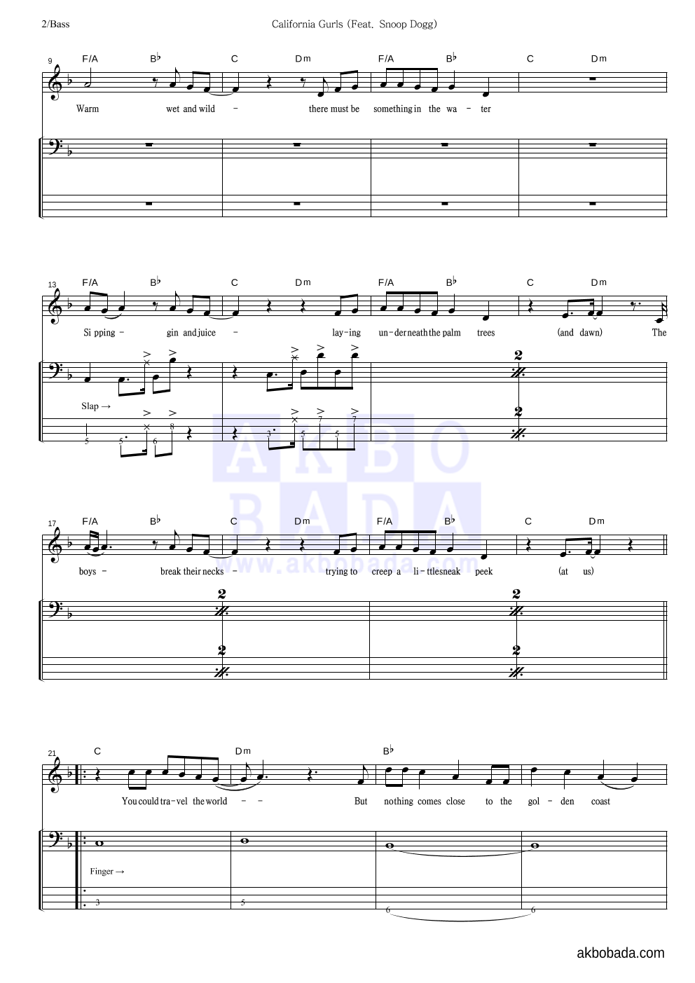 Katy Perry - California Gurls (Feat. Snoop Dogg) 베이스 악보 