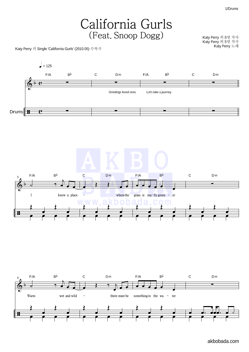 Katy Perry - California Gurls (Feat. Snoop Dogg) 드럼 악보 