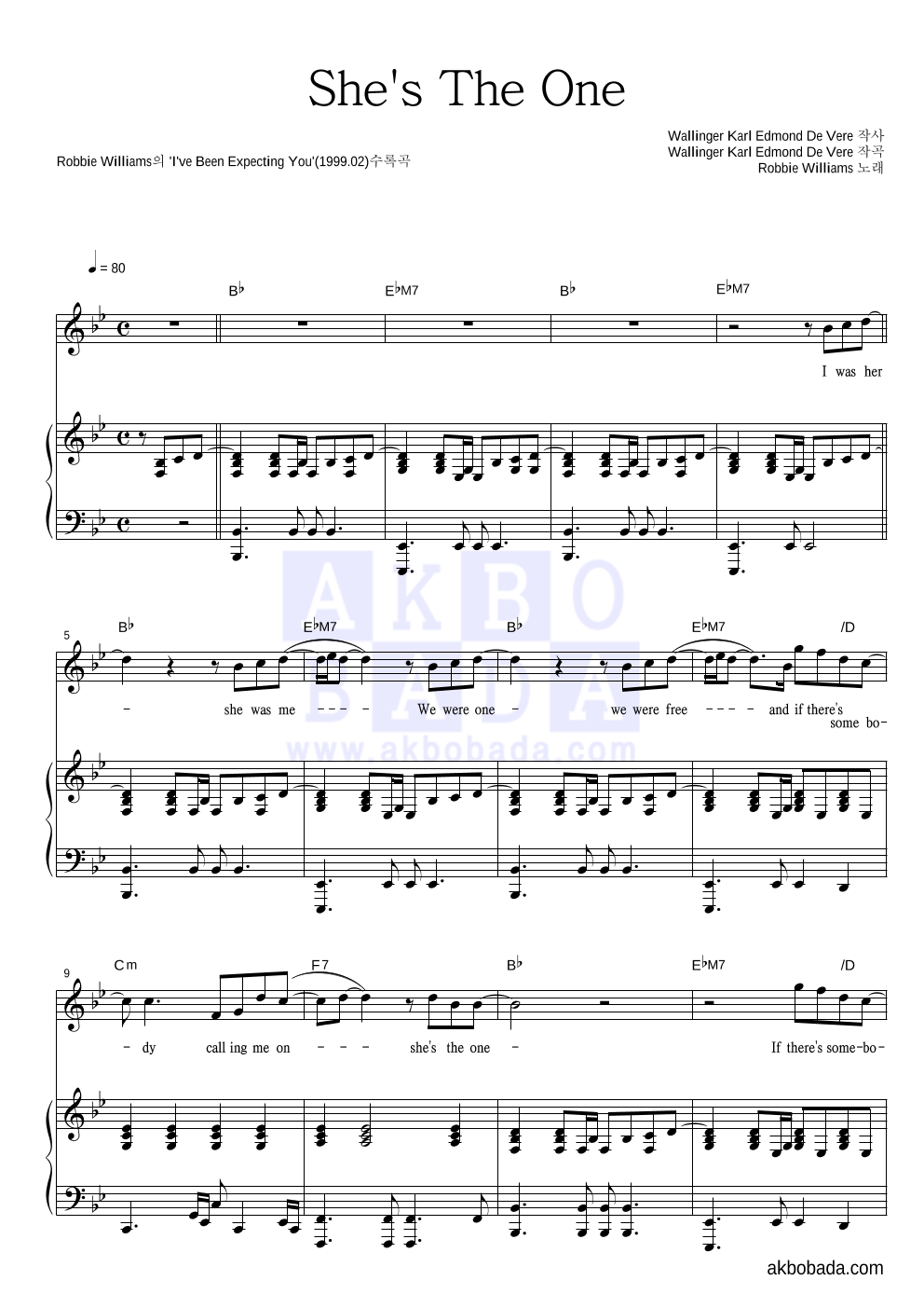 Robbie Williams - She's The One 피아노 3단 악보 