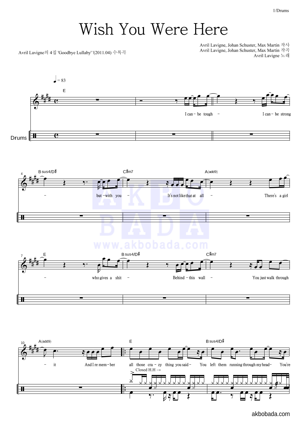 Avril Lavigne - Wish You Were Here 드럼 악보 