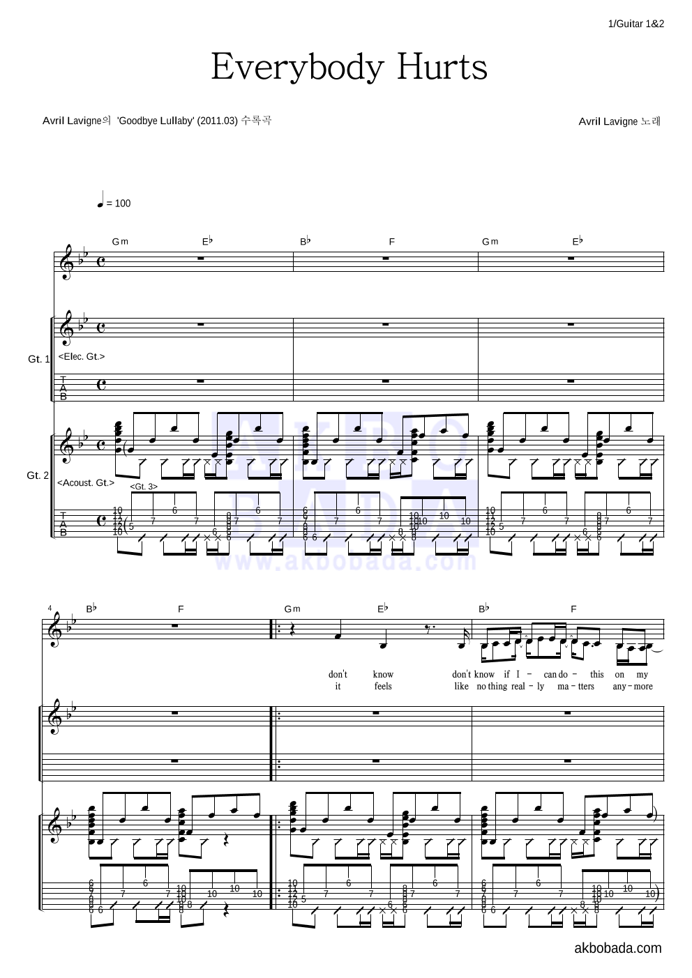 Avril Lavigne - Everybody Hurts 기타1,2 악보 