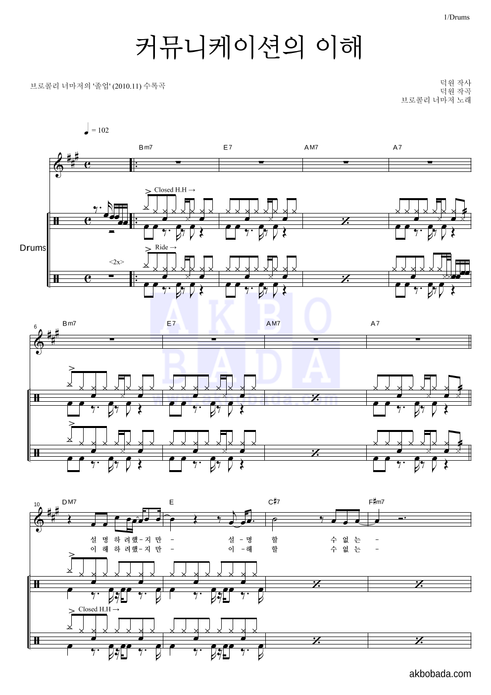 브로콜리 너마저 - 커뮤니케이션의 이해 드럼 악보 