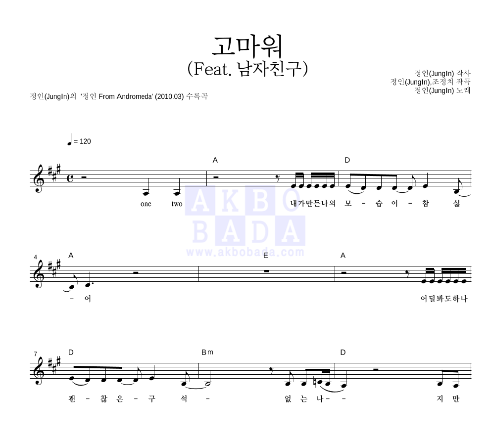 정인 - 고마워 (Feat. 남자친구) 멜로디 악보 