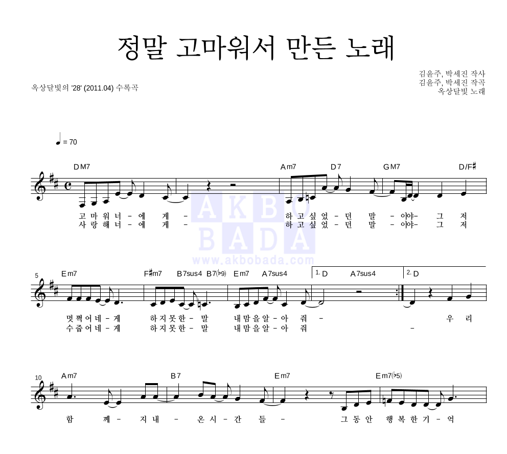 옥상달빛 - 정말 고마워서 만든 노래 멜로디 악보 
