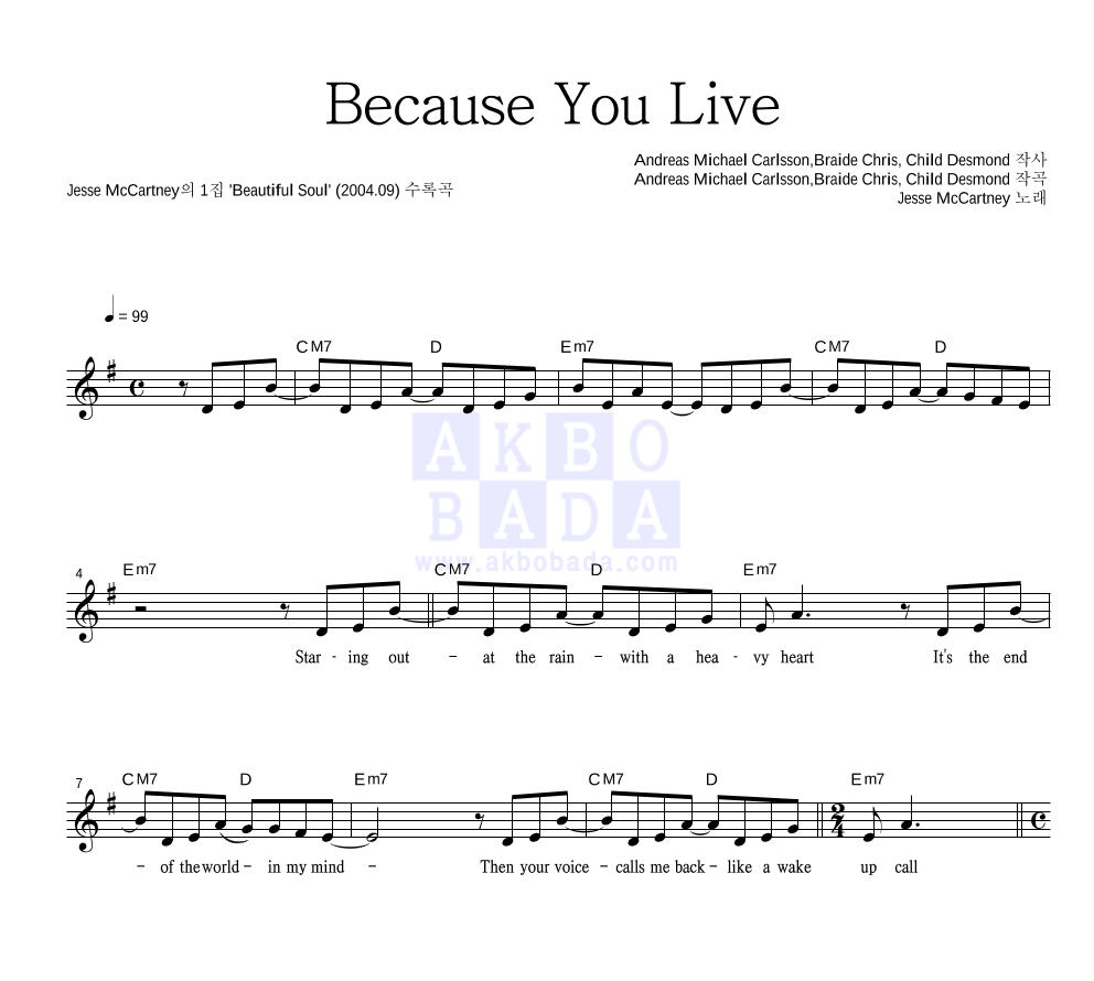 Jesse McCartney - Because You Live 멜로디 악보 