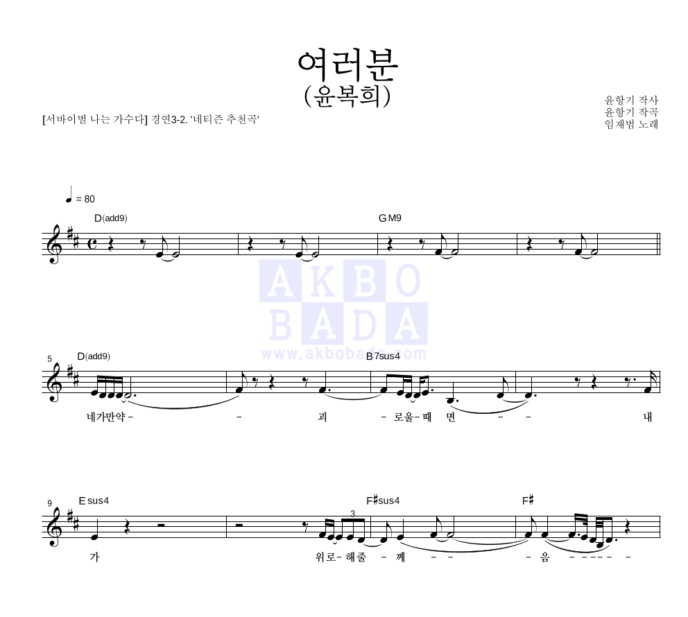 임재범 - 여러분 (윤복희) 멜로디 악보 