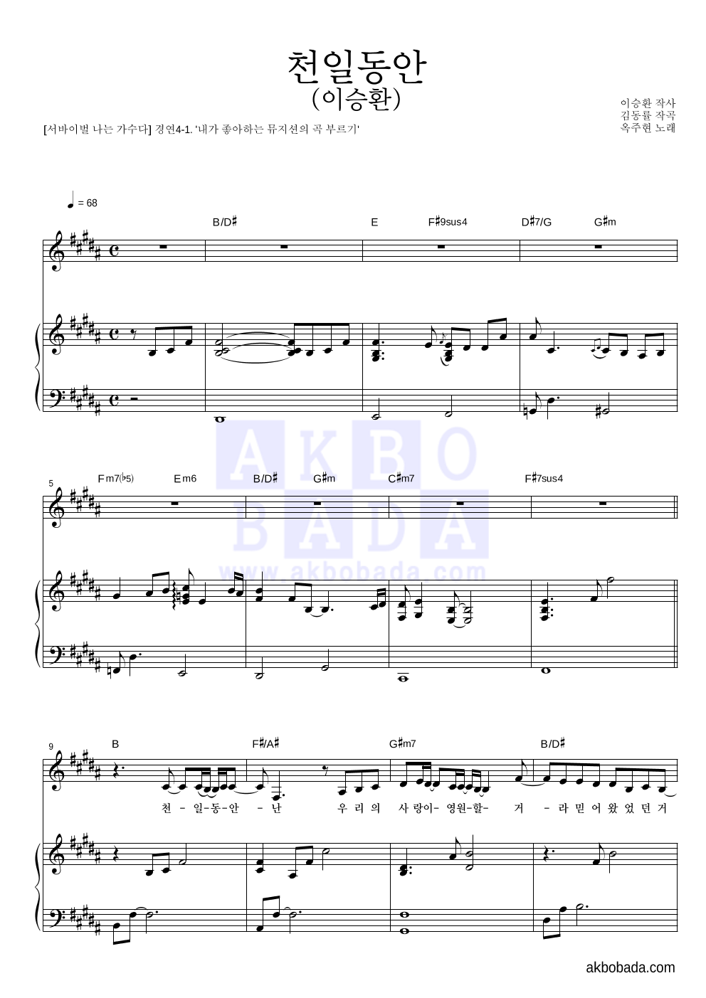옥주현 - 천일동안 (이승환) 피아노 3단 악보 