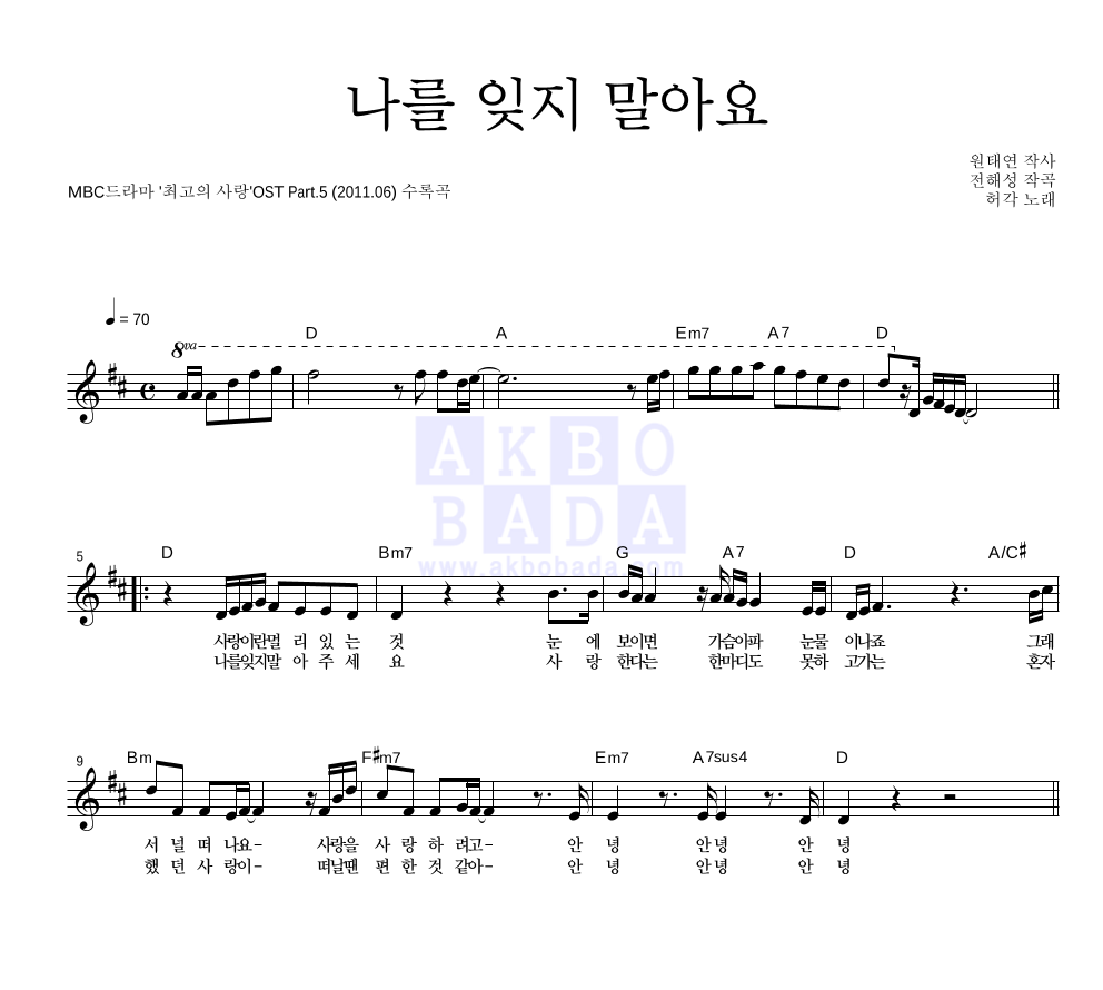 허각 - 나를 잊지 말아요 멜로디 악보 