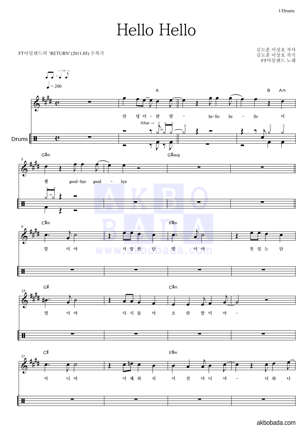 FT 아일랜드 - Hello Hello 드럼 악보 
