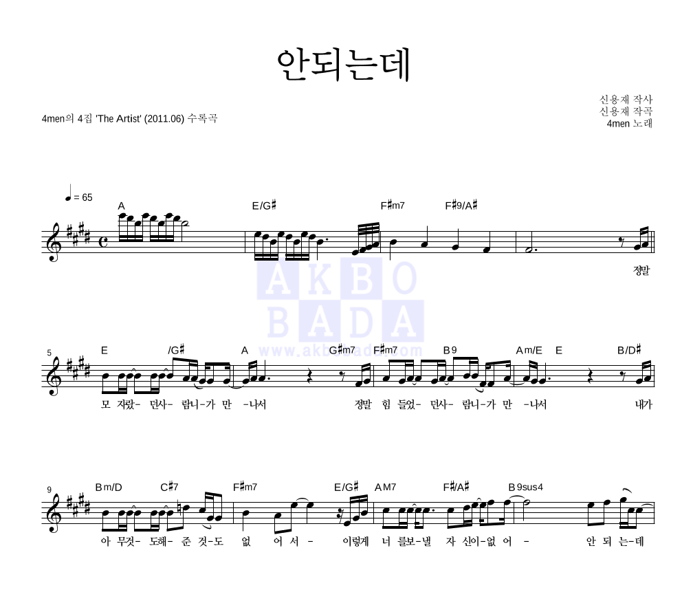 포맨 - 안되는데 멜로디 악보 
