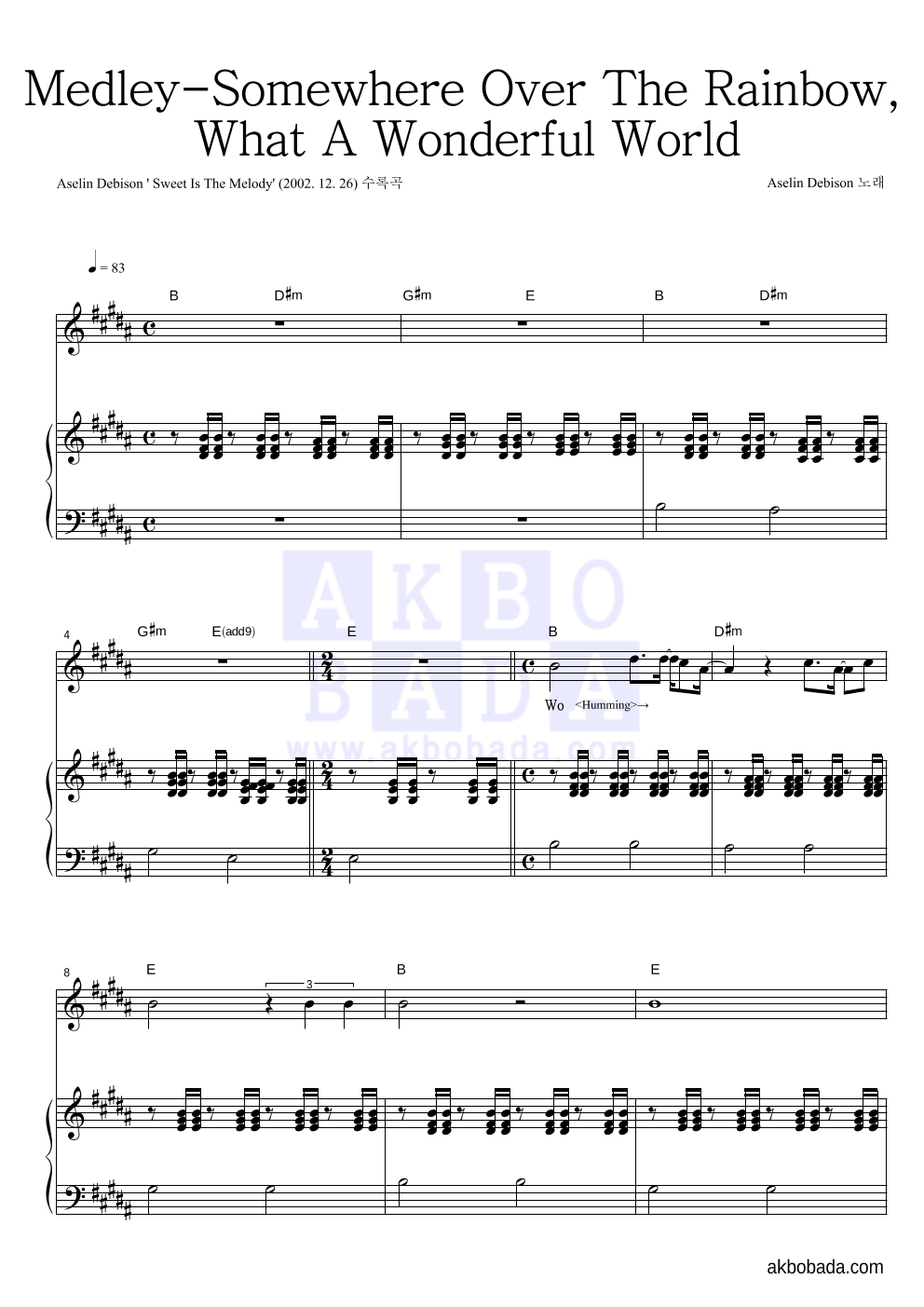 Aselin Debison - Somewhere Over The Rainbow,What A Wonderful World 피아노 3단 악보 