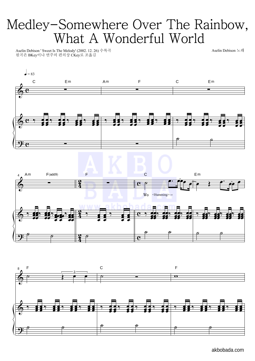 Aselin Debison - Somewhere Over The Rainbow,What A Wonderful World 피아노 3단 악보 