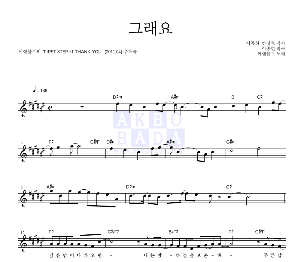 씨엔블루 - 그래요 멜로디 악보 