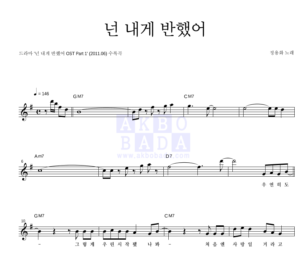 정용화 - 넌 내게 반했어 멜로디 악보 