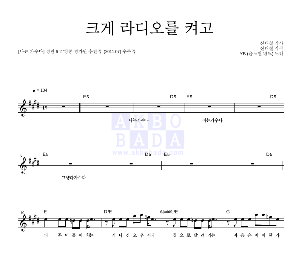 YB(윤도현 밴드) - 크게 라디오를 켜고 (시나위) 멜로디 악보 