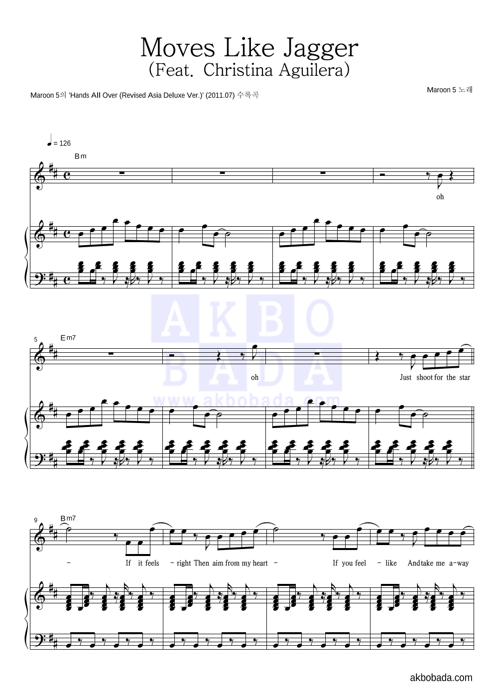 Maroon 5 - Moves Like Jagger (Feat. Christina Aguiler 피아노 3단 악보 