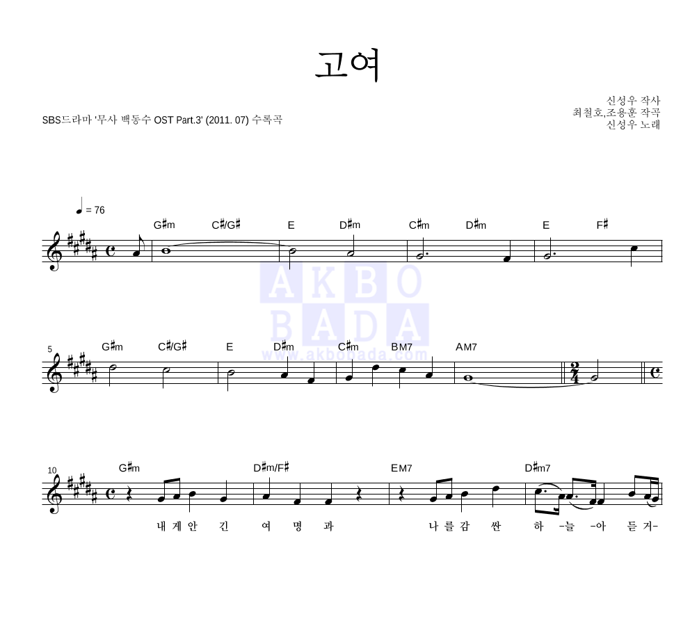 신성우 - 고여 멜로디 악보 