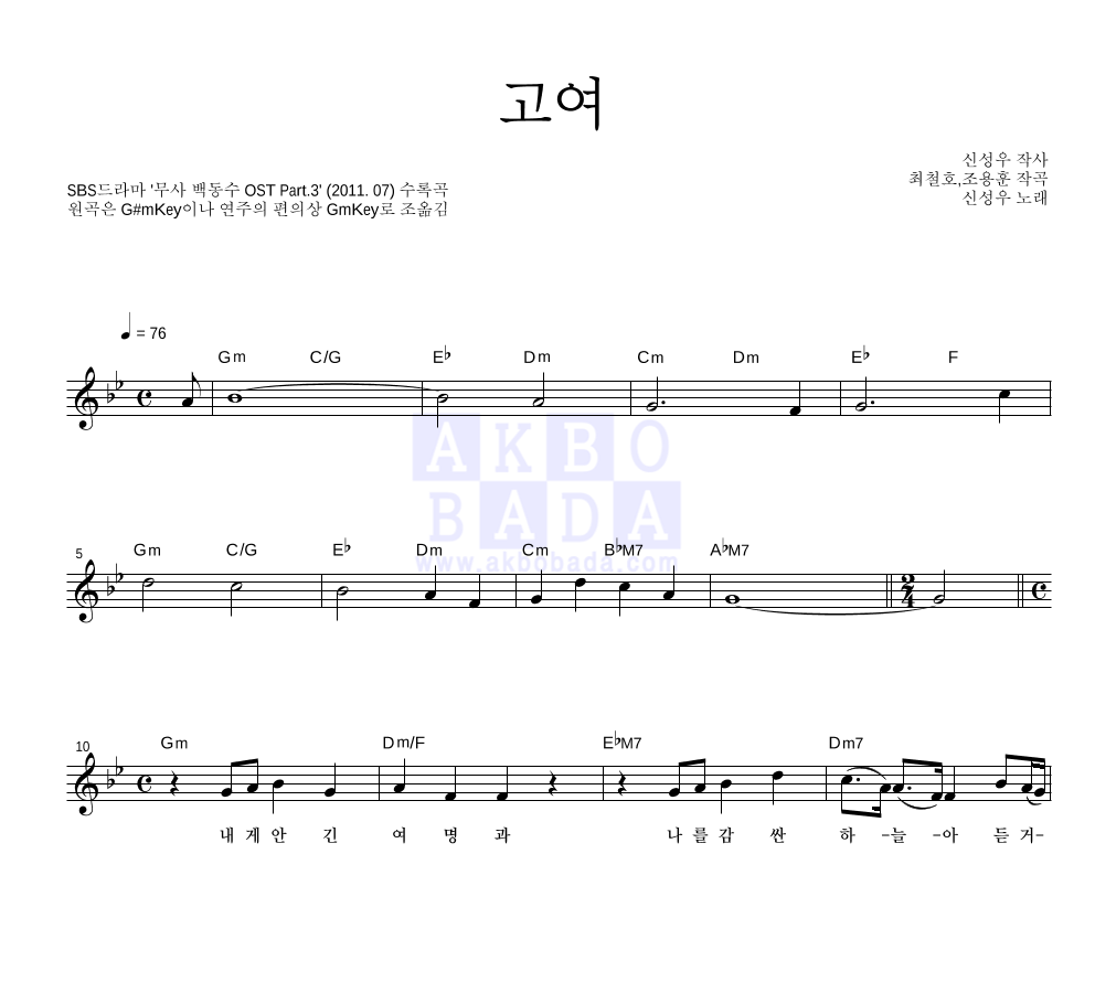 신성우 - 고여 멜로디 악보 