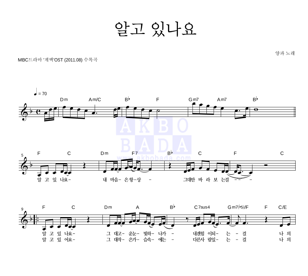 양파 - 알고 있나요 멜로디 악보 