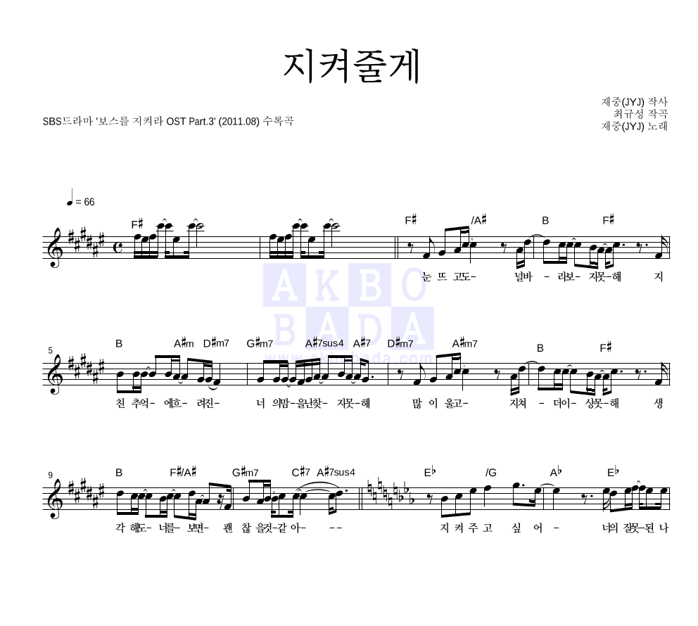 김재중 - 지켜줄게 멜로디 악보 