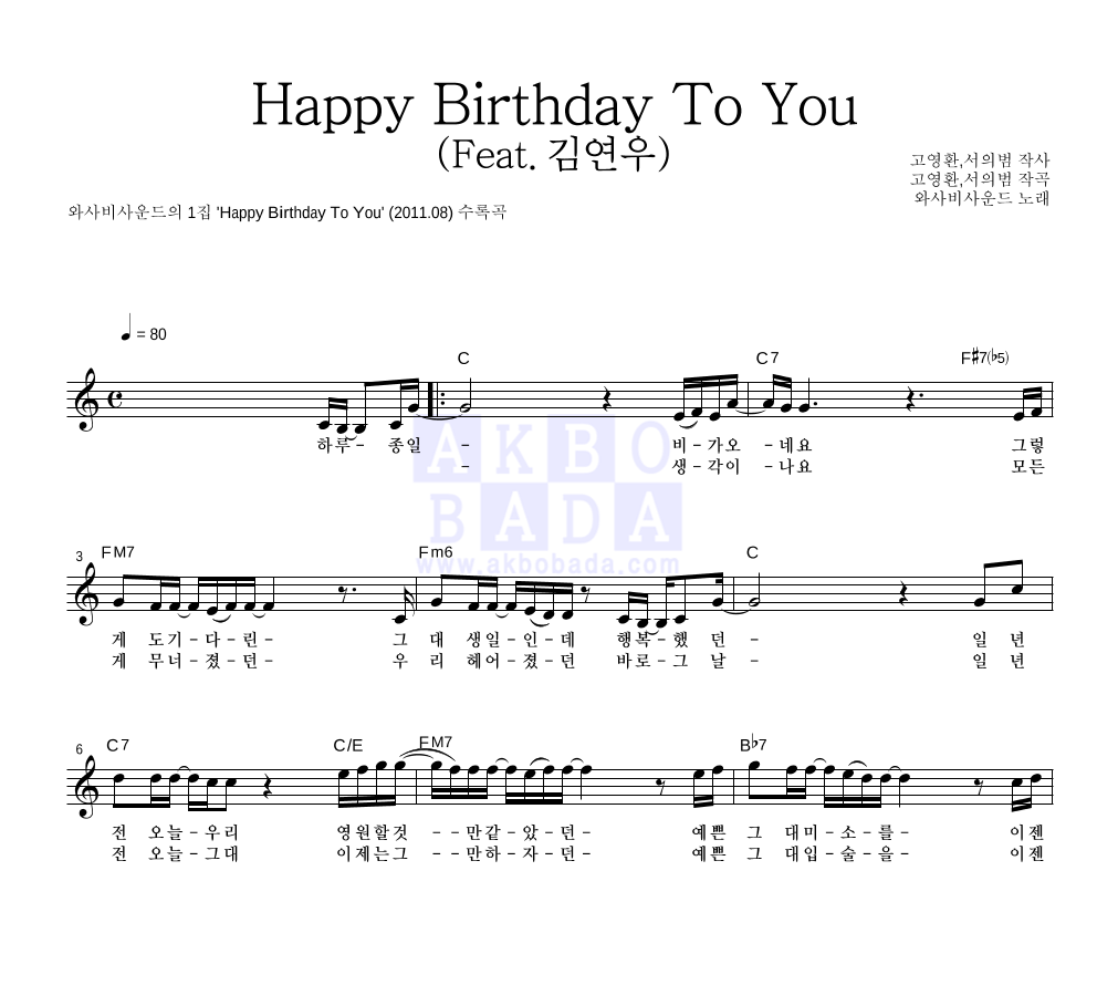 와사비사운드 - Happy Birthday To You (Feat.김연우) 멜로디 악보 