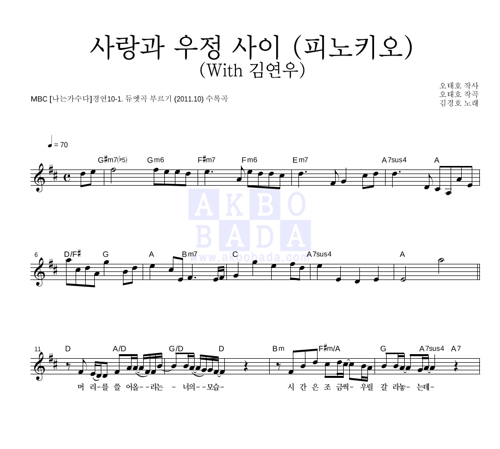김경호 - 사랑과 우정 사이 (피노키오) (With 김연우) 멜로디 악보 