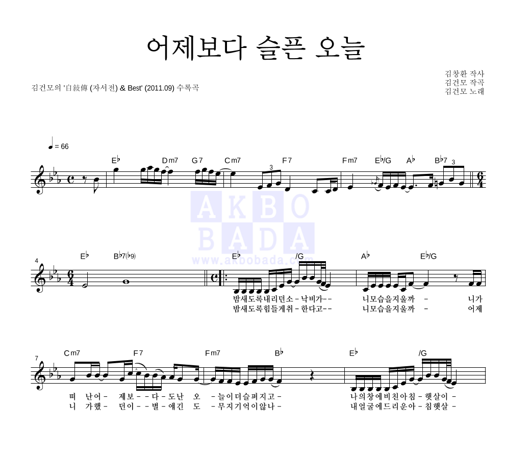 김건모 - 어제보다 슬픈 오늘 멜로디 악보 